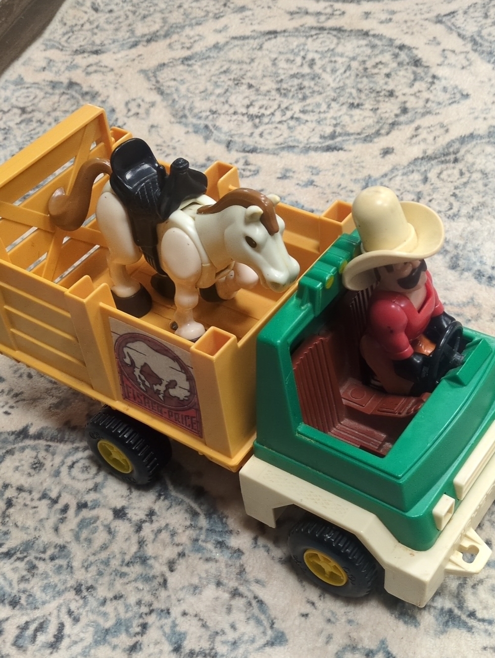 1979 Fisher-Price Husky Helper Green and Yellow Farm Truck with Cowboy and Horse